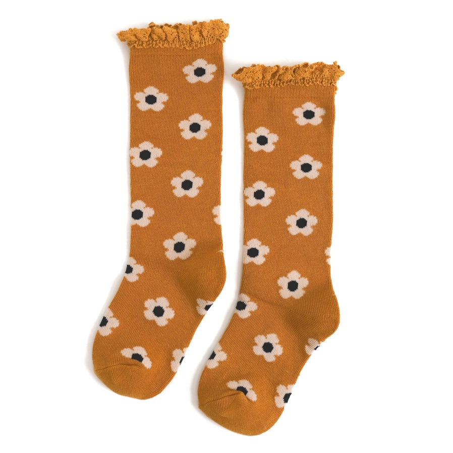 Mustard Floral Lace Top Knee High Socks | Little Stocking Co